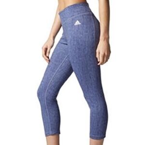 ADIDAS CLIMALITE Blue STUDIO MID RISE 3/4 Denim Print Crop Capri Leggings, Large